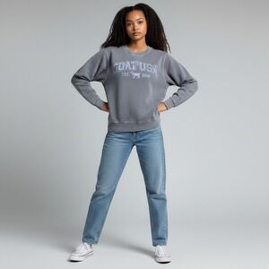 GOAT USA Blue Grey Graphic Sweatshirt Vintage Wash Womens‎ S Athleisure Relaxed